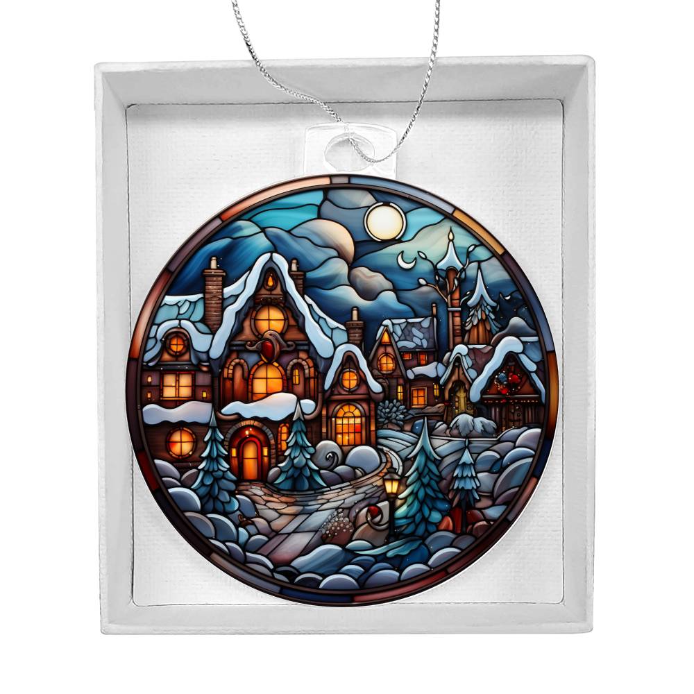 Enchanted Moonlit Village: Stained Glass Winter Wonderland Ornament