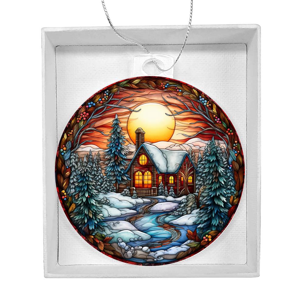 Cozy Cabin at Sunset: Embracing the Warmth of Winter's Glow Ornament