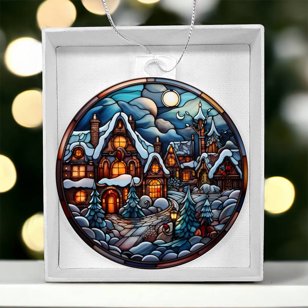 Enchanted Moonlit Village: Stained Glass Winter Wonderland Ornament