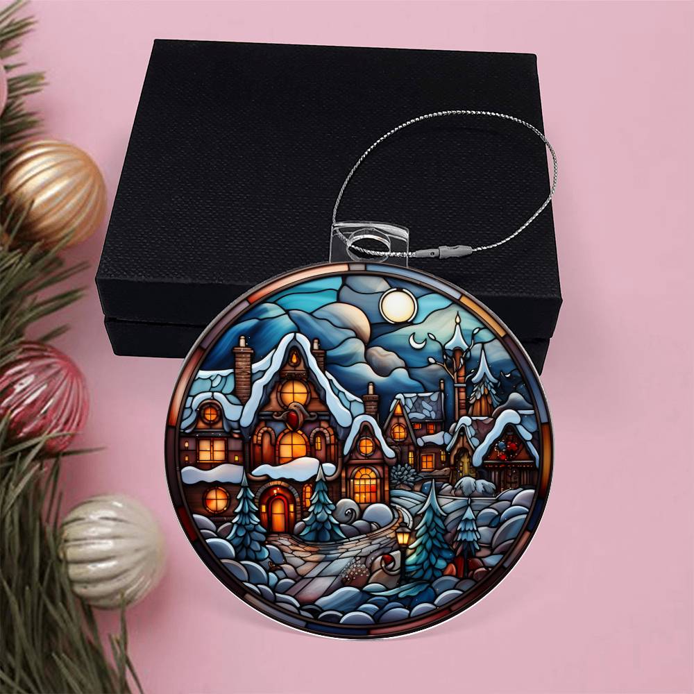 Enchanted Moonlit Village: Stained Glass Winter Wonderland Ornament