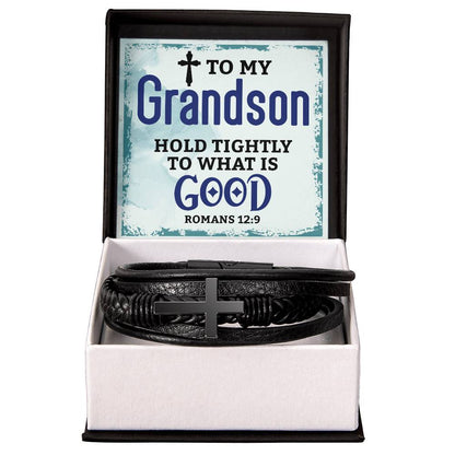 To My Grandson Men's Cross Bracelet with Message Card